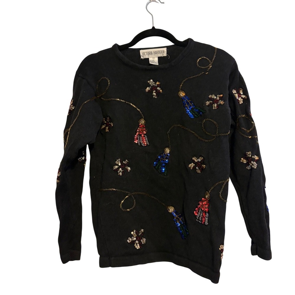 Victoria Harbour Black Beaded Tassel Christmas Sweater Womens PM